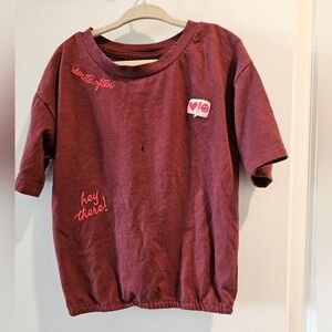 Burgundy Graphic Tee with‎ Embroidered Accents